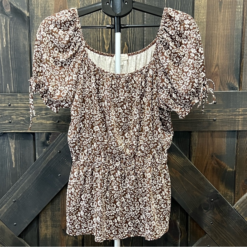 Free Kisses Brown Ditsy Floral Puff Sleeve Top 2X Plus Size Cottagecore Romantic